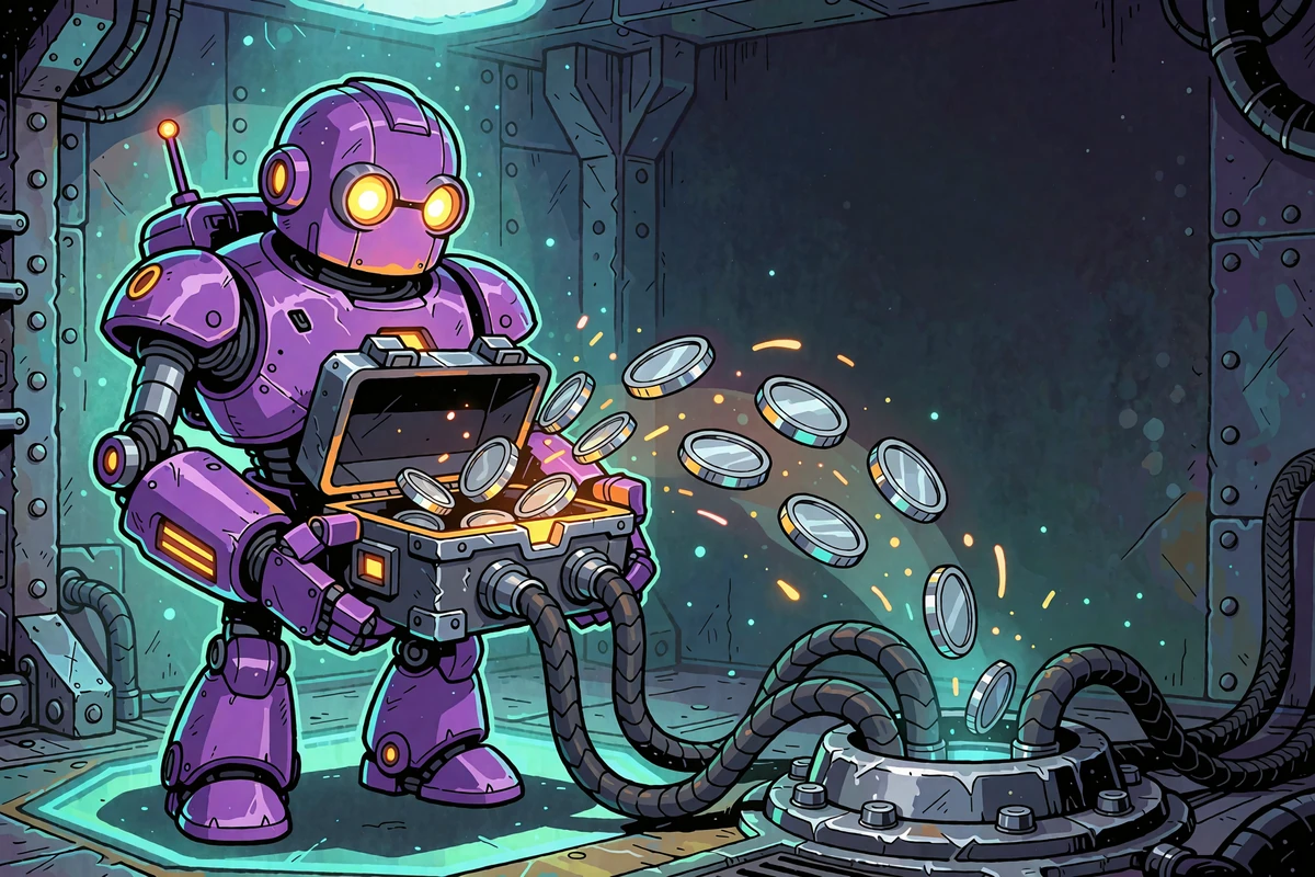 Fioletowy robot Casoola trzyma otwartą skrzynię, z kt&oacute;rej unoszą się metaliczne żetony symbolizujące wpłaty kryptowalutowe