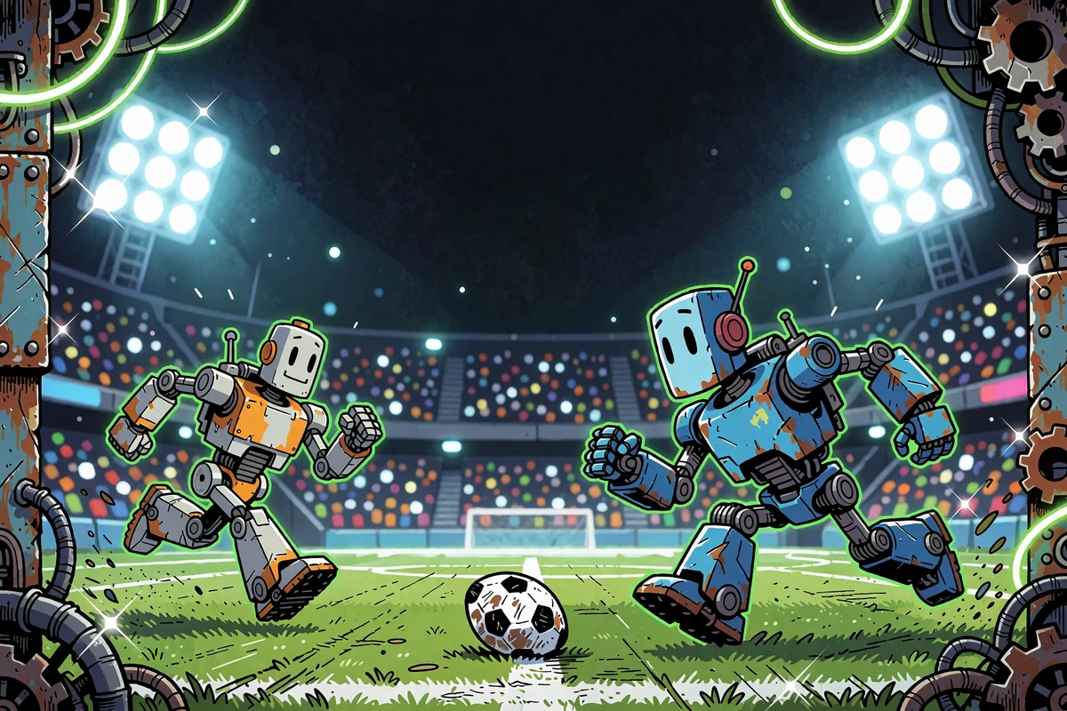 Dwa kartunowe roboty grają w piłkę na oświetlonym stadionie - teaser zakład&oacute;w sportowych Casoola