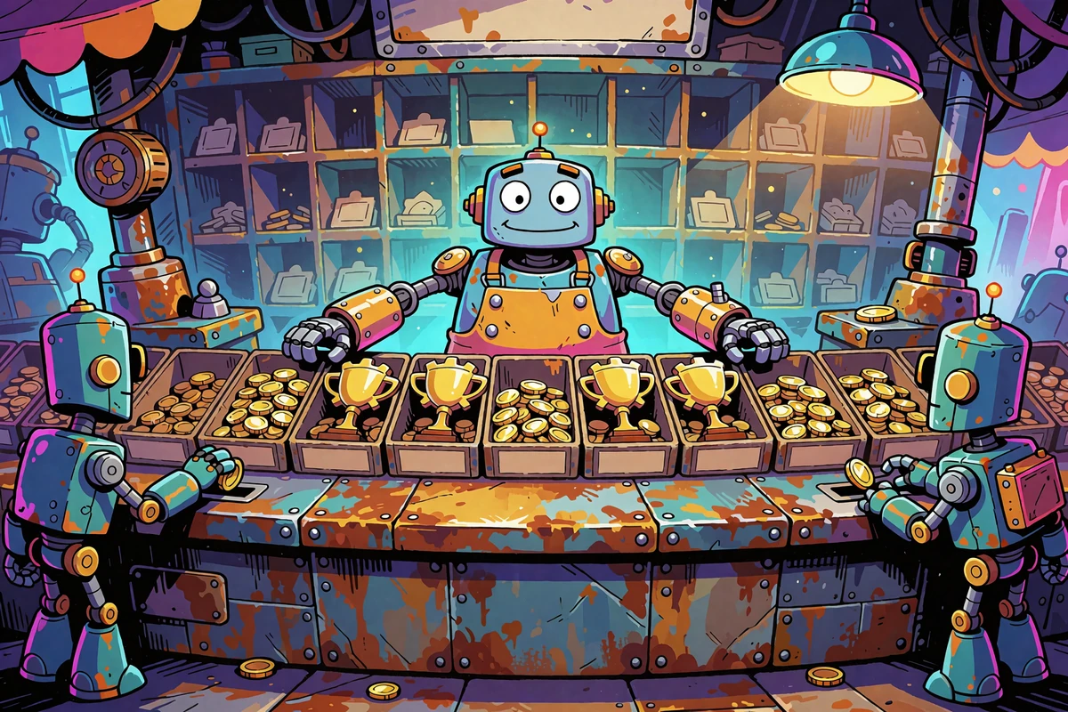 Robot-sprzedawca za ladą Coins Shop otoczony skrzynkami z nagrodami i monetami - wymiana monet VIP w Casoola
