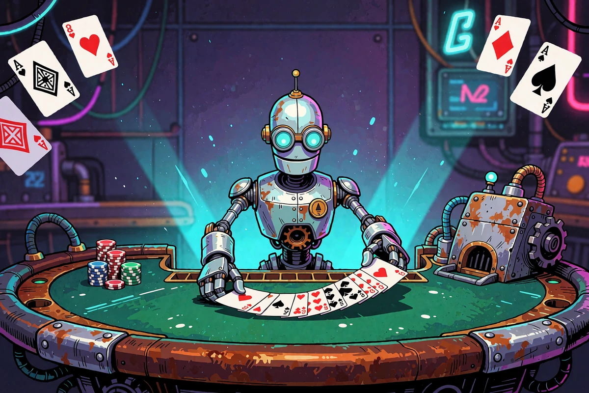Robot-krupier Casoola rozdaje karty przy zielonym stole w studiu kasyna na żywo