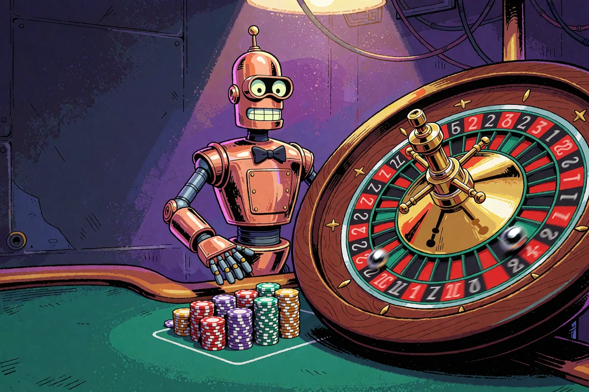 Robot-krupier przy stole z ruletką i żetonami w robotycznym studiu kasyna na żywo Casoola