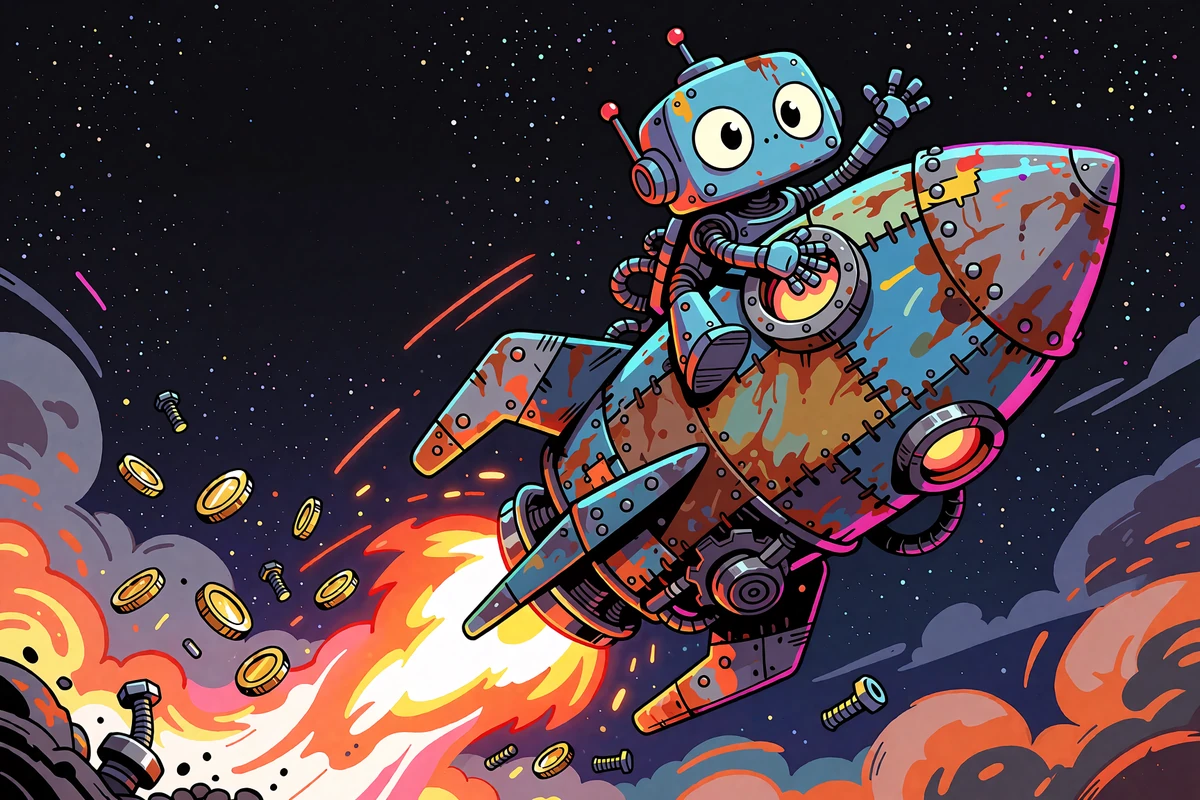Kartunowy robot na rakiecie ze złomu wystrzeliwuje w g&oacute;rę - symbol rosnącego mnożnika w crash gra