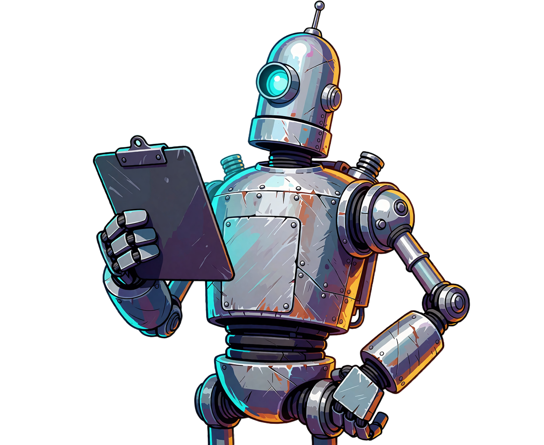 Smukły srebrny robot-inspektor trzymający metalowy notatnik, symbolizujący sprawdzanie statusu prawnego kasyna online